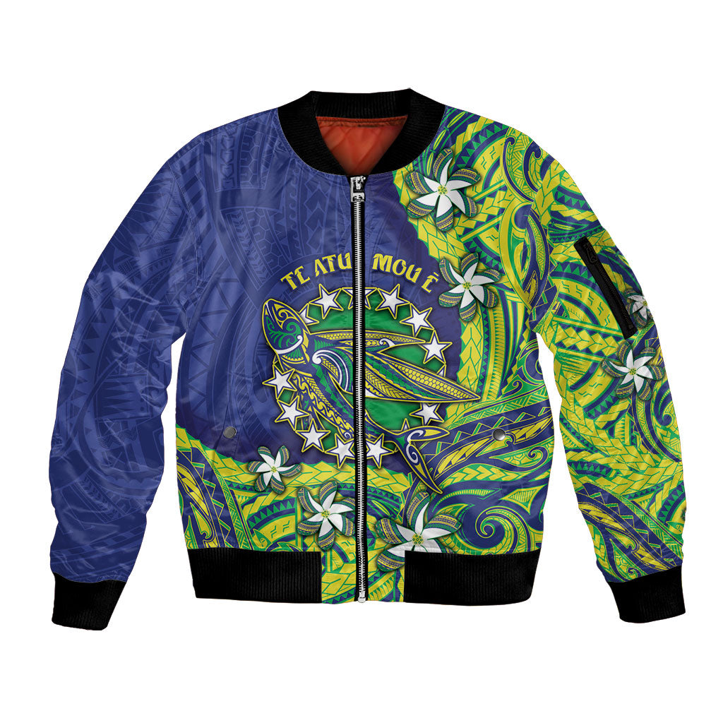 Cook Islands Language Week Sleeve Zip Bomber Jacket Flying Fish 15 Stars Tribal Patterns DT05 Unisex Green - Polynesian Pride