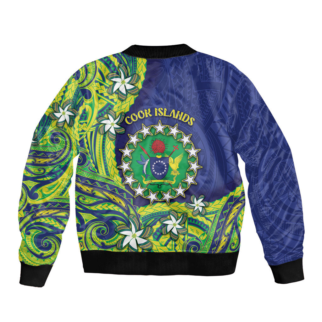 Cook Islands Language Week Sleeve Zip Bomber Jacket Flying Fish 15 Stars Tribal Patterns