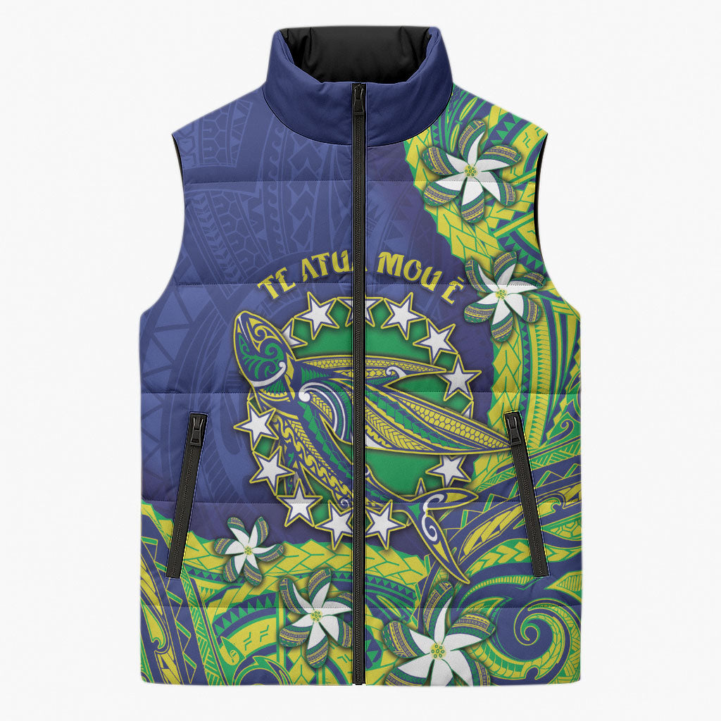 Cook Islands Language Week Sleeveless Puffer Jacket Flying Fish 15 Stars Tribal Patterns DT05 Unisex Green - Polynesian Pride
