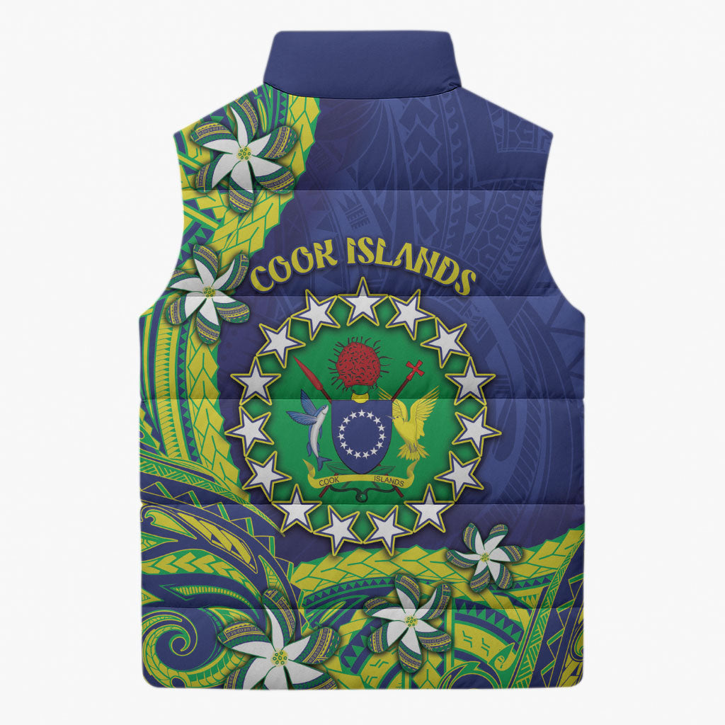Cook Islands Language Week Sleeveless Puffer Jacket Flying Fish 15 Stars Tribal Patterns