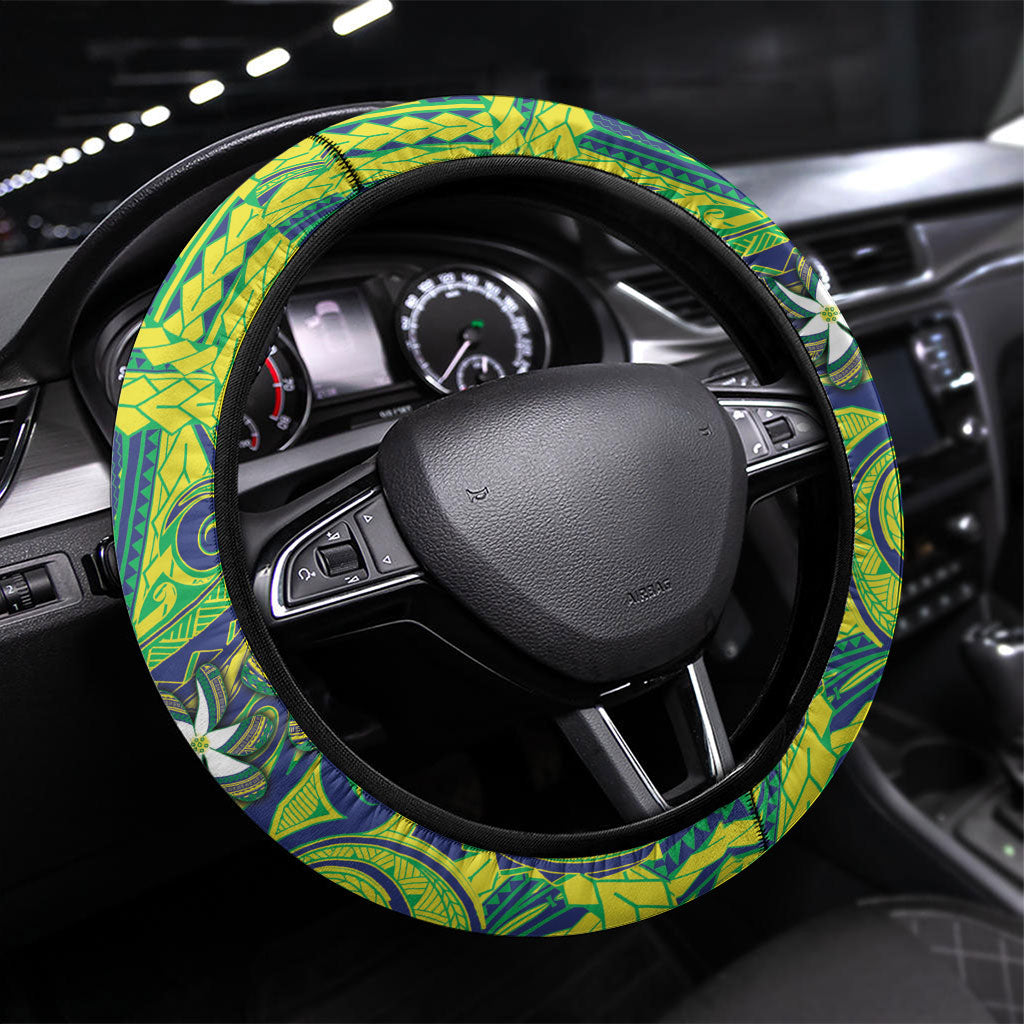 Cook Islands Language Week Steering Wheel Cover Flying Fish 15 Stars Tribal Patterns DT05 Universal Fit Green - Polynesian Pride