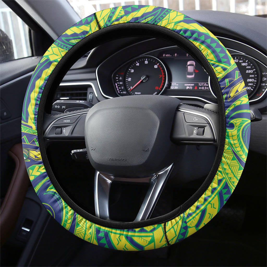 Cook Islands Language Week Steering Wheel Cover Flying Fish 15 Stars Tribal Patterns