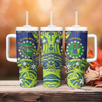 Cook Islands Language Week Tumbler With Handle Flying Fish 15 Stars Tribal Patterns