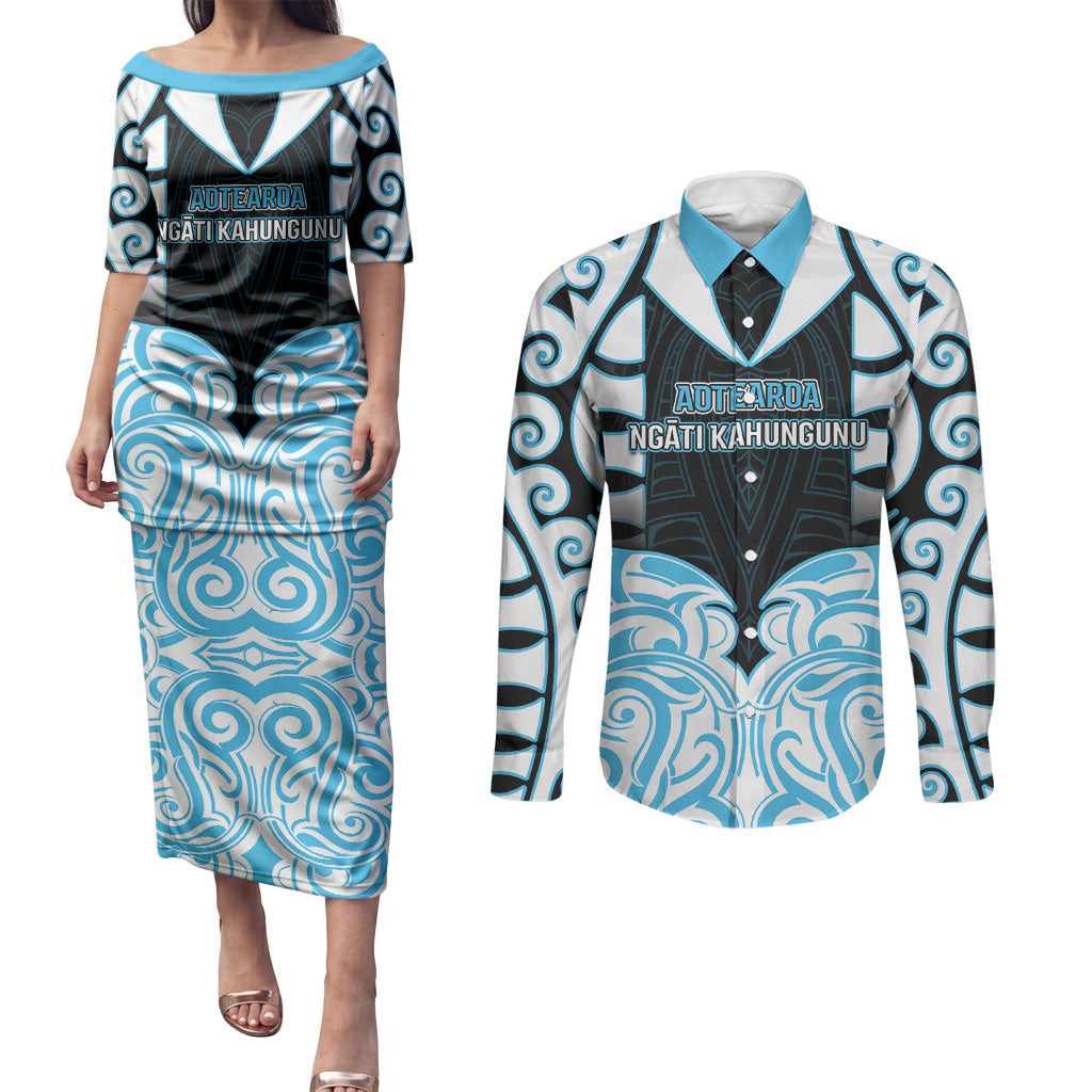 Custom Aotearoa Ngati Kahungunu Couples Matching Puletasi and Long Sleeve Button Shirt New Zealand Traditional Maori Pattern DT05 Blue - Polynesian Pride