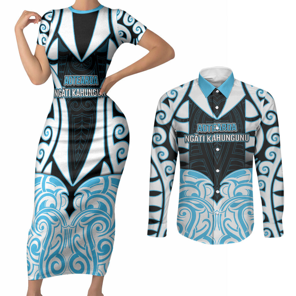 Custom Aotearoa Ngati Kahungunu Couples Matching Short Sleeve Bodycon Dress and Long Sleeve Button Shirt New Zealand Traditional Maori Pattern DT05 Blue - Polynesian Pride