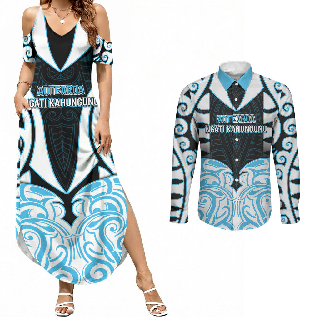 Custom Aotearoa Ngati Kahungunu Couples Matching Summer Maxi Dress and Long Sleeve Button Shirt New Zealand Traditional Maori Pattern DT05 Blue - Polynesian Pride