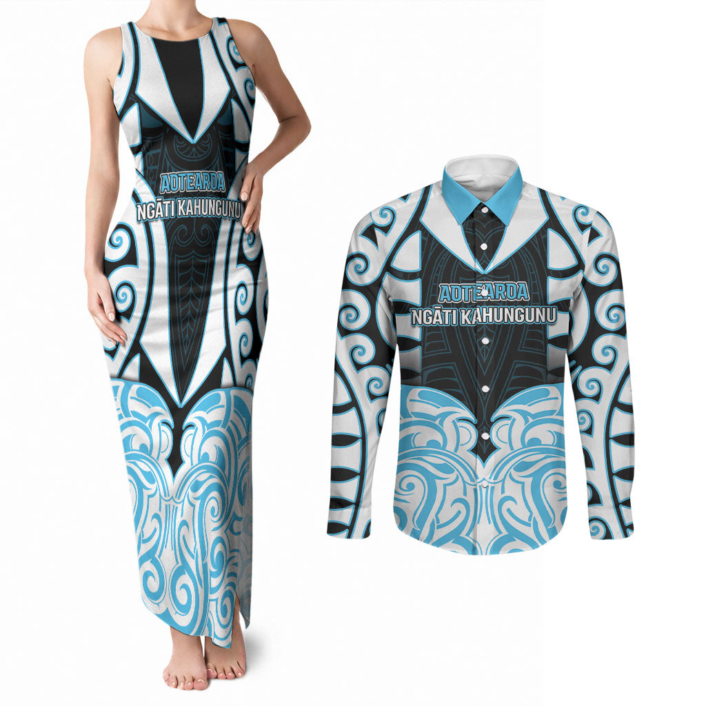 Custom Aotearoa Ngati Kahungunu Couples Matching Tank Maxi Dress and Long Sleeve Button Shirt New Zealand Traditional Maori Pattern DT05 Blue - Polynesian Pride
