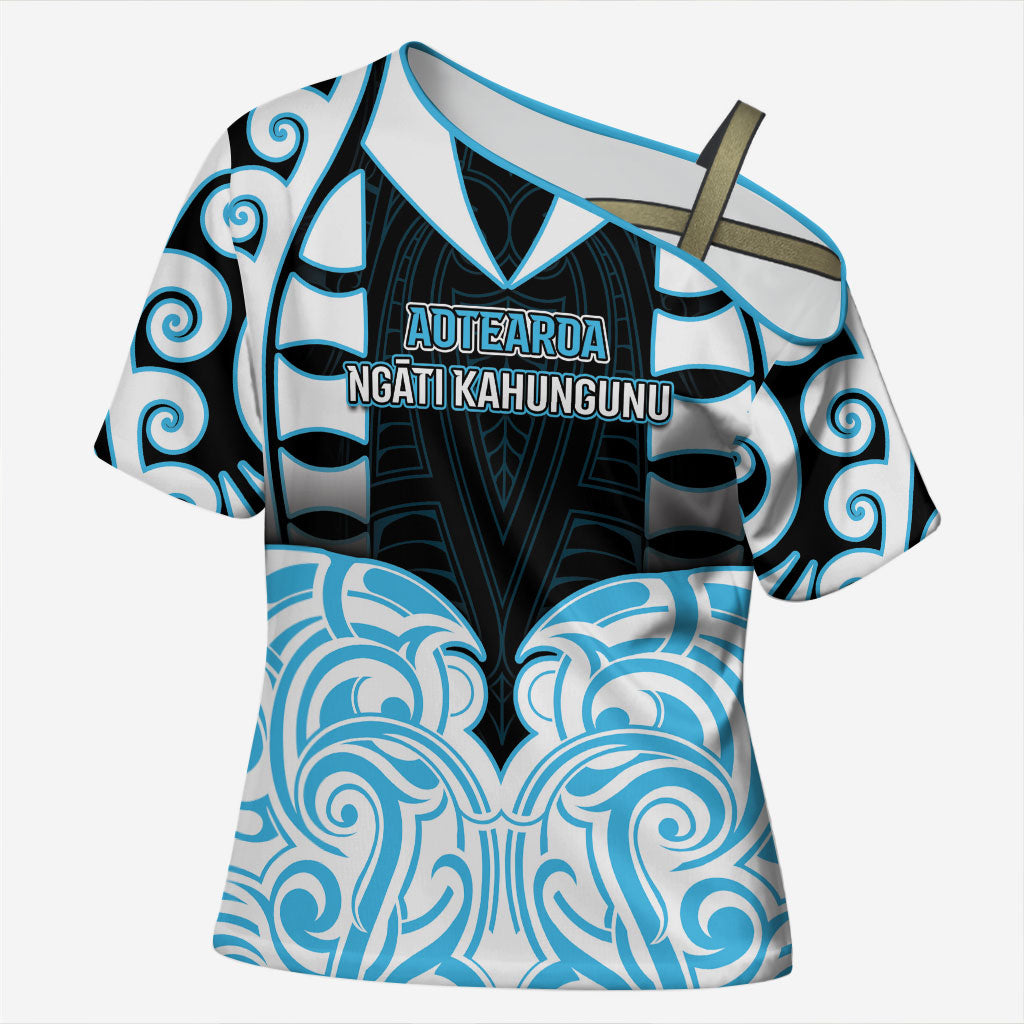 Custom Aotearoa Ngati Kahungunu Cross Shoulder Shirt New Zealand Traditional Maori Pattern DT05 Female Blue - Polynesian Pride