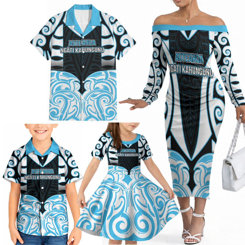 Custom Aotearoa Ngati Kahungunu Family Matching Off The Shoulder Long Sleeve Dress and Hawaiian Shirt New Zealand Traditional Maori Pattern