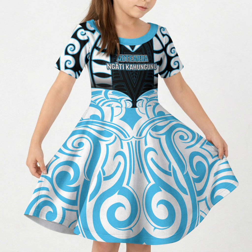 Custom Aotearoa Ngati Kahungunu Kid Short Sleeve Dress New Zealand Traditional Maori Pattern DT05 KID Blue - Polynesian Pride