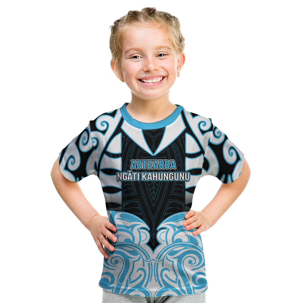 Custom Aotearoa Ngati Kahungunu Kid T Shirt New Zealand Traditional Maori Pattern DT05 Blue - Polynesian Pride