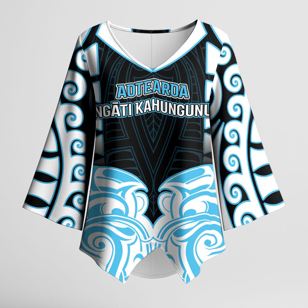 Custom Aotearoa Ngati Kahungunu Kimono Sleeve Blouse New Zealand Traditional Maori Pattern DT05 Female Blue - Polynesian Pride