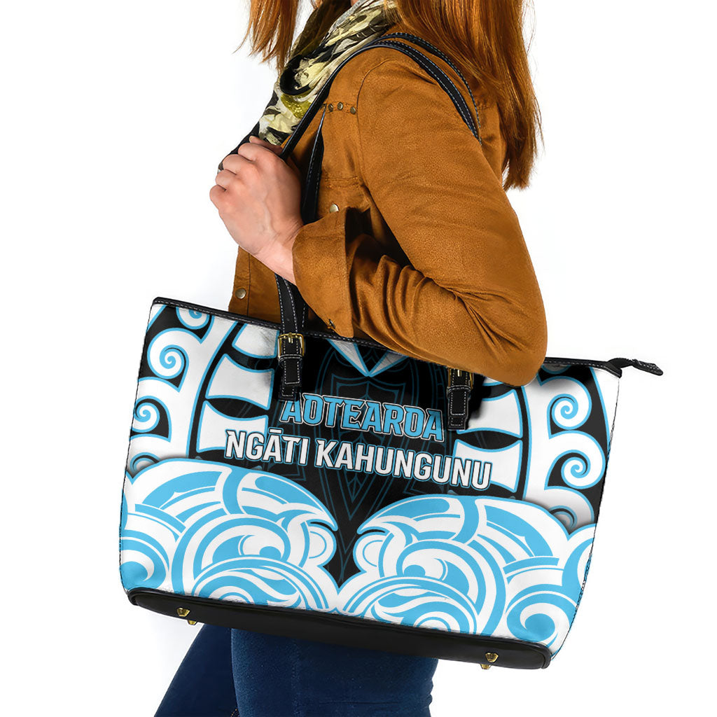 Aotearoa Ngati Kahungunu Leather Tote Bag New Zealand Traditional Maori Pattern DT05 Blue - Polynesian Pride
