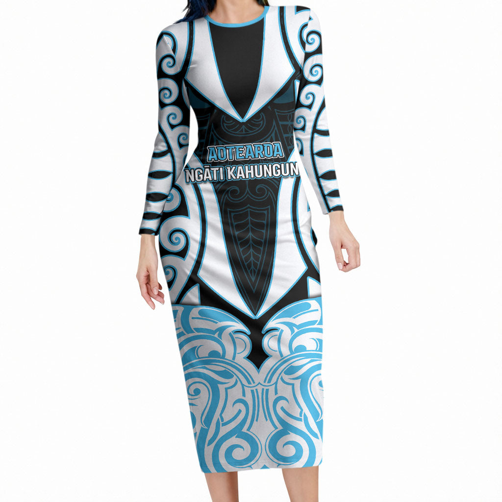 Custom Aotearoa Ngati Kahungunu Long Sleeve Bodycon Dress New Zealand Traditional Maori Pattern DT05 Long Dress Blue - Polynesian Pride