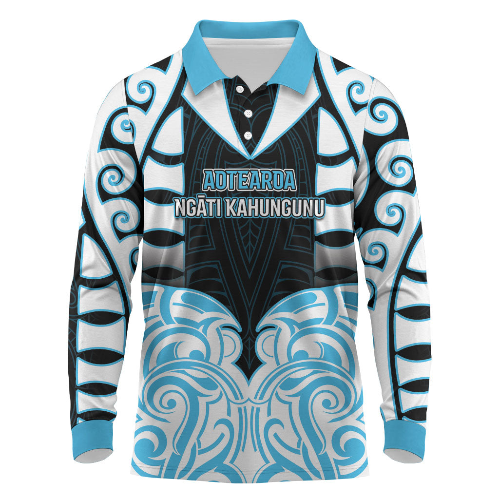 Custom Aotearoa Ngati Kahungunu Long Sleeve Polo Shirt New Zealand Traditional Maori Pattern DT05 Blue - Polynesian Pride