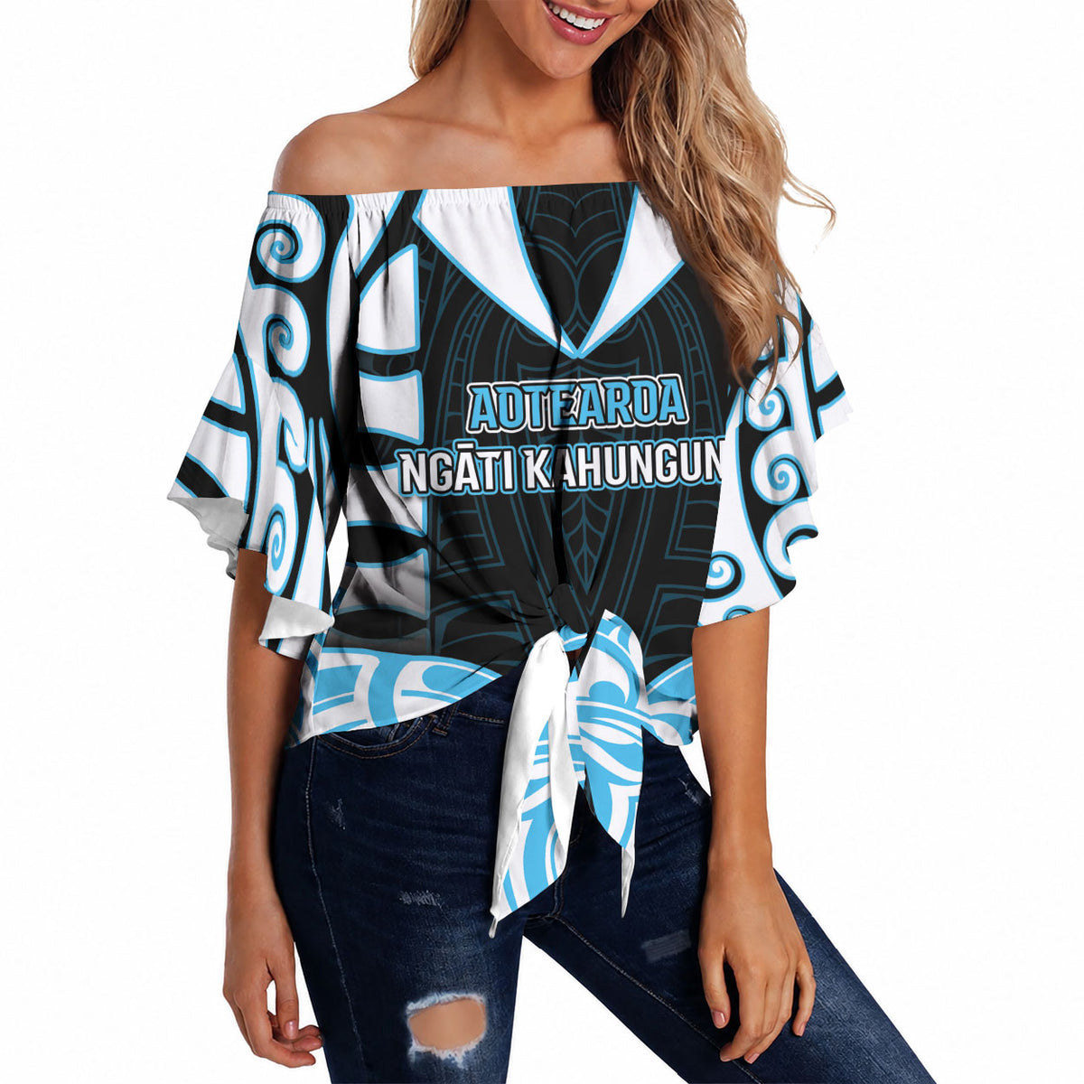 Custom Aotearoa Ngati Kahungunu Off Shoulder Wrap Waist Top New Zealand Traditional Maori Pattern DT05 - Polynesian Pride