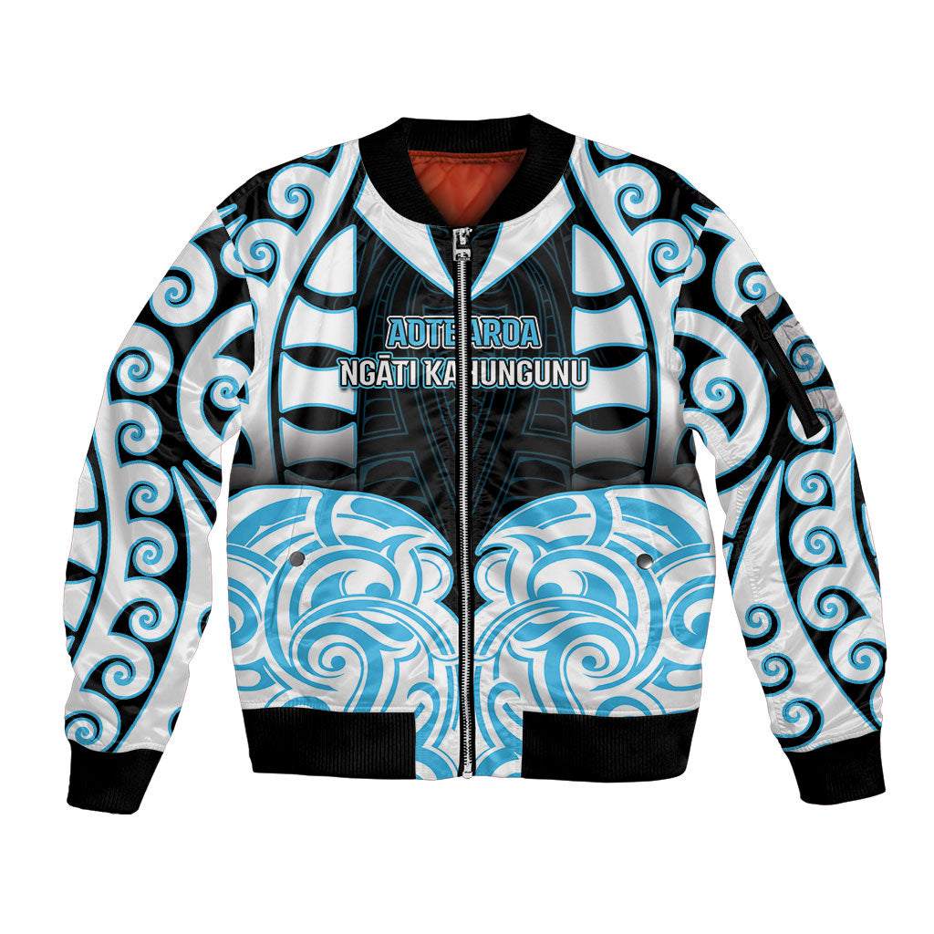 Custom Aotearoa Ngati Kahungunu Sleeve Zip Bomber Jacket New Zealand Traditional Maori Pattern DT05 Unisex Blue - Polynesian Pride