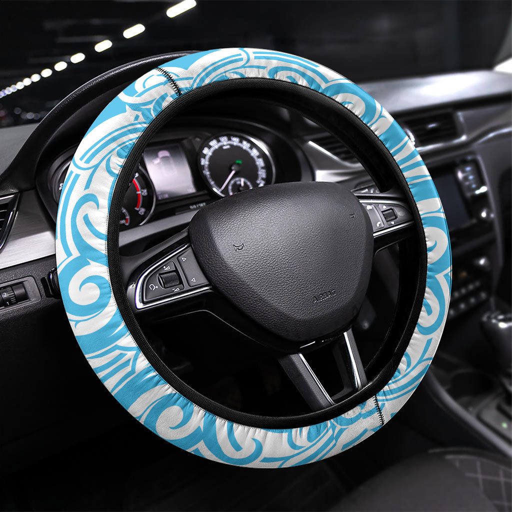 Aotearoa Ngati Kahungunu Steering Wheel Cover New Zealand Traditional Maori Pattern DT05 Universal Fit Blue - Polynesian Pride