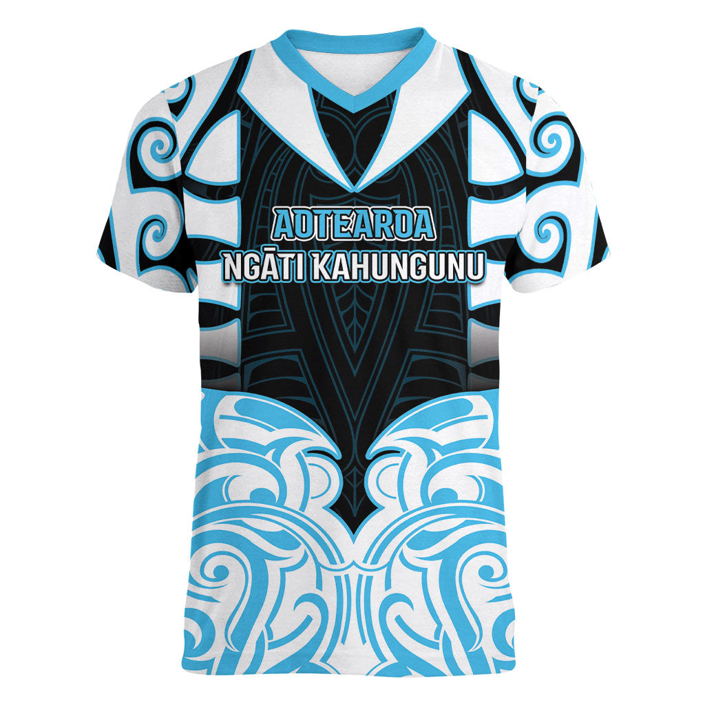 Custom Aotearoa Ngati Kahungunu Women V-Neck T-Shirt New Zealand Traditional Maori Pattern DT05 Female Blue - Polynesian Pride