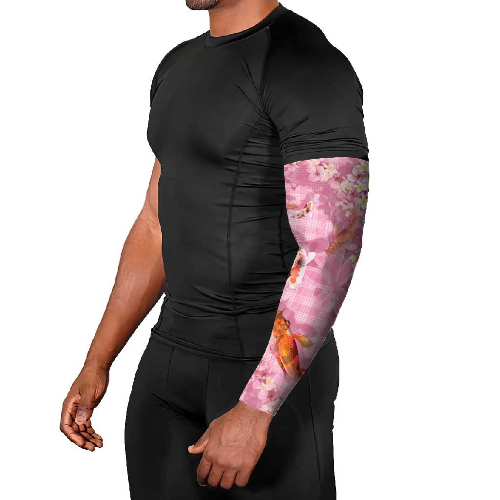 Pink Palaka Hawaiian And Japanese Arm Sleeves Sakura Lei With Koi Fish - Polynesian Pride