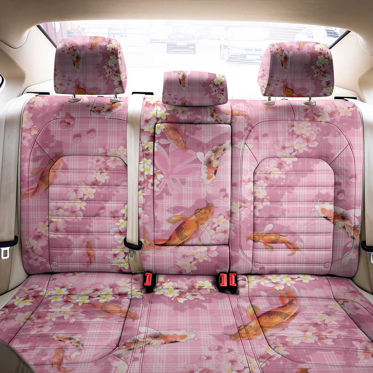Pink Palaka Hawaiian And Japanese Back Car Seat Cover Sakura Lei With Koi Fish DT05 - Polynesian Pride