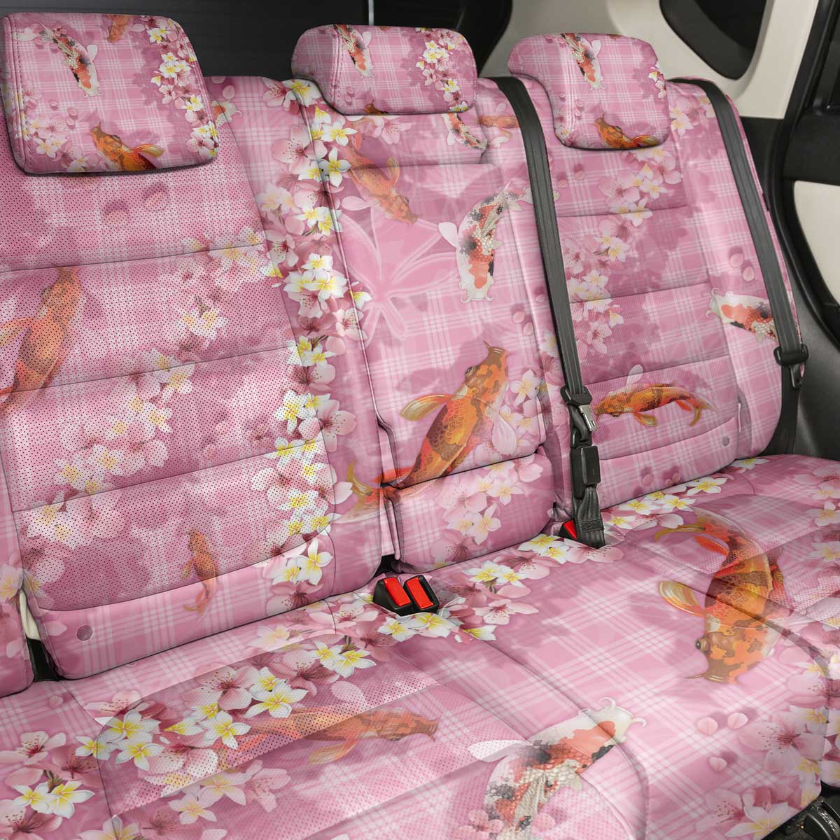 Pink Palaka Hawaiian And Japanese Back Car Seat Cover Sakura Lei With Koi Fish DT05 - Polynesian Pride