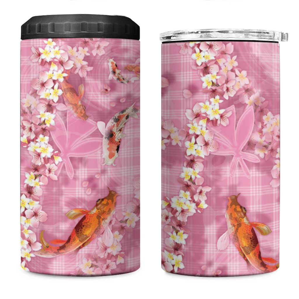 Pink Palaka Hawaiian And Japanese 4 in 1 Can Cooler Tumbler Sakura Lei With Koi Fish DT05 One Size: 16 oz Pink - Polynesian Pride