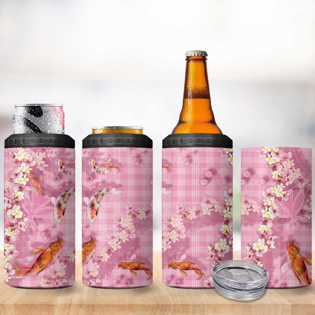 Pink Palaka Hawaiian And Japanese 4 in 1 Can Cooler Tumbler Sakura Lei With Koi Fish DT05 - Polynesian Pride