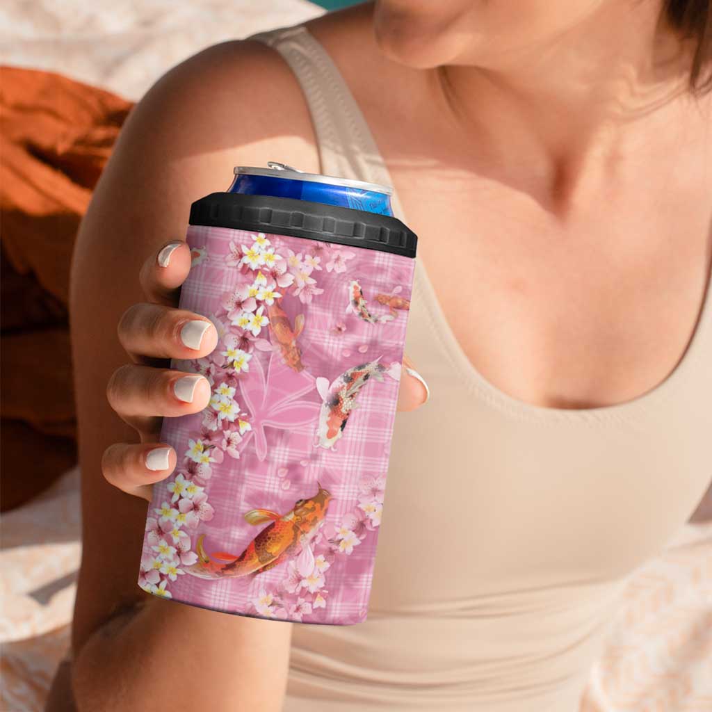 Pink Palaka Hawaiian And Japanese 4 in 1 Can Cooler Tumbler Sakura Lei With Koi Fish DT05 - Polynesian Pride