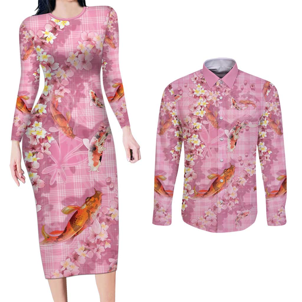 Pink Palaka Hawaiian And Japanese Couples Matching Long Sleeve Bodycon Dress and Long Sleeve Button Shirt Sakura Lei With Koi Fish DT05 Pink - Polynesian Pride