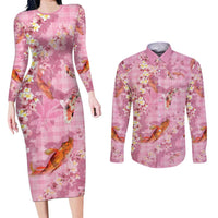 Pink Palaka Hawaiian And Japanese Couples Matching Long Sleeve Bodycon Dress and Long Sleeve Button Shirt Sakura Lei With Koi Fish DT05 Pink - Polynesian Pride