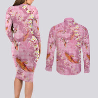 Pink Palaka Hawaiian And Japanese Couples Matching Long Sleeve Bodycon Dress and Long Sleeve Button Shirt Sakura Lei With Koi Fish DT05 - Polynesian Pride
