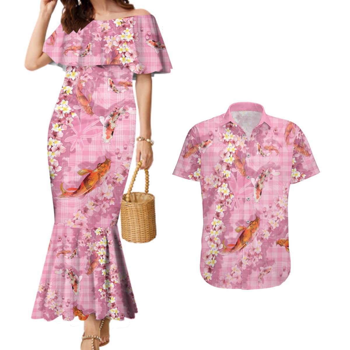 Pink Palaka Hawaiian And Japanese Couples Matching Mermaid Dress and Hawaiian Shirt Sakura Lei With Koi Fish DT05 Pink - Polynesian Pride