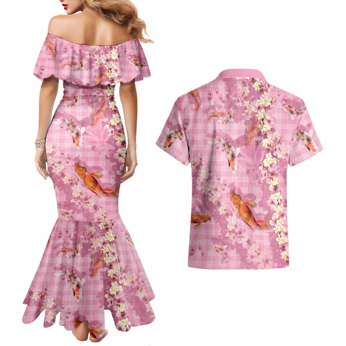 Pink Palaka Hawaiian And Japanese Couples Matching Mermaid Dress and Hawaiian Shirt Sakura Lei With Koi Fish DT05 - Polynesian Pride
