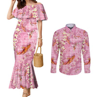 Pink Palaka Hawaiian And Japanese Couples Matching Mermaid Dress and Long Sleeve Button Shirt Sakura Lei With Koi Fish DT05 Pink - Polynesian Pride