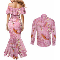 Pink Palaka Hawaiian And Japanese Couples Matching Mermaid Dress and Long Sleeve Button Shirt Sakura Lei With Koi Fish DT05 - Polynesian Pride