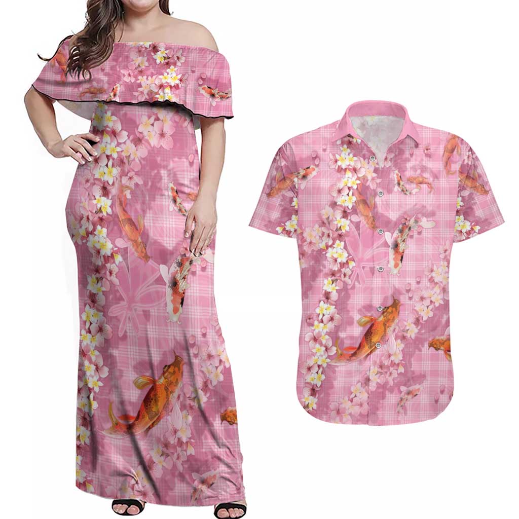 Pink Palaka Hawaiian And Japanese Couples Matching Off Shoulder Maxi Dress and Hawaiian Shirt Sakura Lei With Koi Fish DT05 Pink - Polynesian Pride