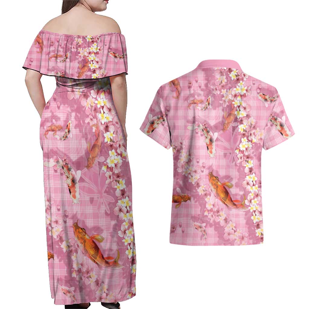 Pink Palaka Hawaiian And Japanese Couples Matching Off Shoulder Maxi Dress and Hawaiian Shirt Sakura Lei With Koi Fish DT05 - Polynesian Pride