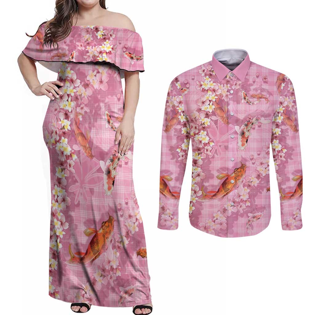 Pink Palaka Hawaiian And Japanese Couples Matching Off Shoulder Maxi Dress and Long Sleeve Button Shirt Sakura Lei With Koi Fish DT05 Pink - Polynesian Pride
