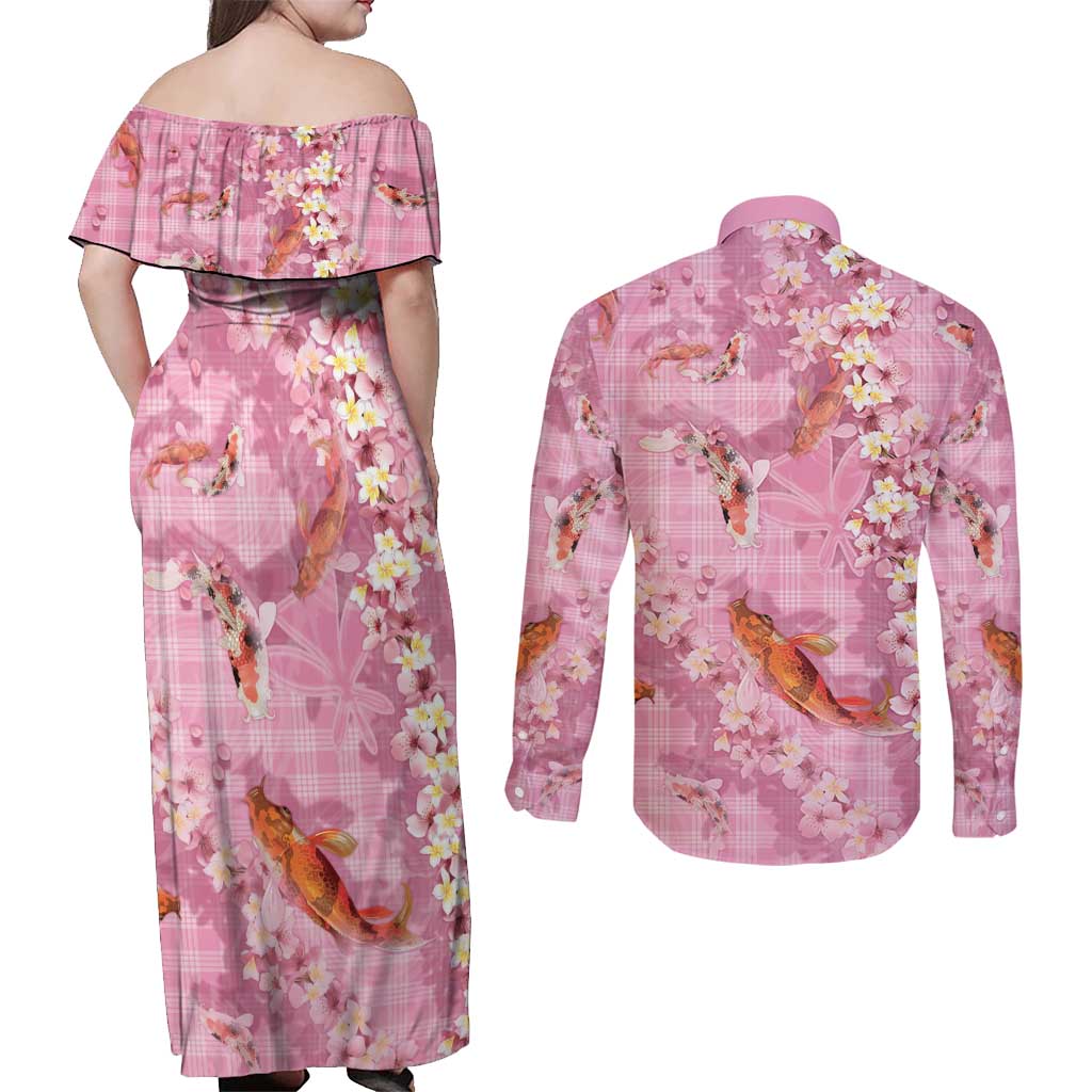 Pink Palaka Hawaiian And Japanese Couples Matching Off Shoulder Maxi Dress and Long Sleeve Button Shirt Sakura Lei With Koi Fish DT05 - Polynesian Pride