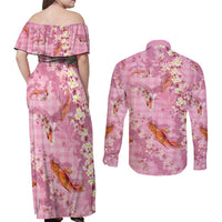 Pink Palaka Hawaiian And Japanese Couples Matching Off Shoulder Maxi Dress and Long Sleeve Button Shirt Sakura Lei With Koi Fish DT05 - Polynesian Pride