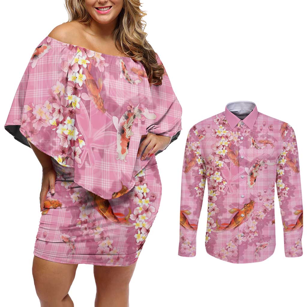 Pink Palaka Hawaiian And Japanese Couples Matching Off Shoulder Short Dress and Long Sleeve Button Shirt Sakura Lei With Koi Fish DT05 Pink - Polynesian Pride