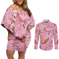 Pink Palaka Hawaiian And Japanese Couples Matching Off Shoulder Short Dress and Long Sleeve Button Shirt Sakura Lei With Koi Fish DT05 Pink - Polynesian Pride