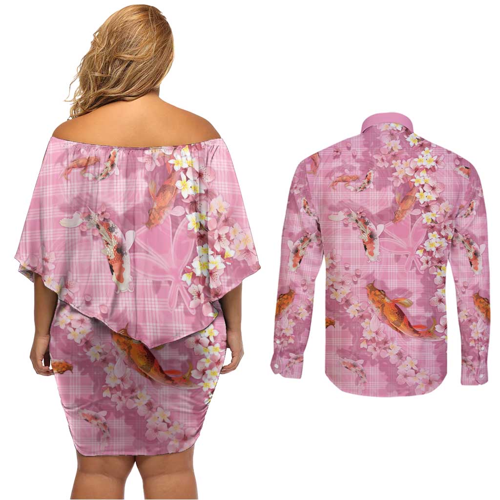 Pink Palaka Hawaiian And Japanese Couples Matching Off Shoulder Short Dress and Long Sleeve Button Shirt Sakura Lei With Koi Fish DT05 - Polynesian Pride