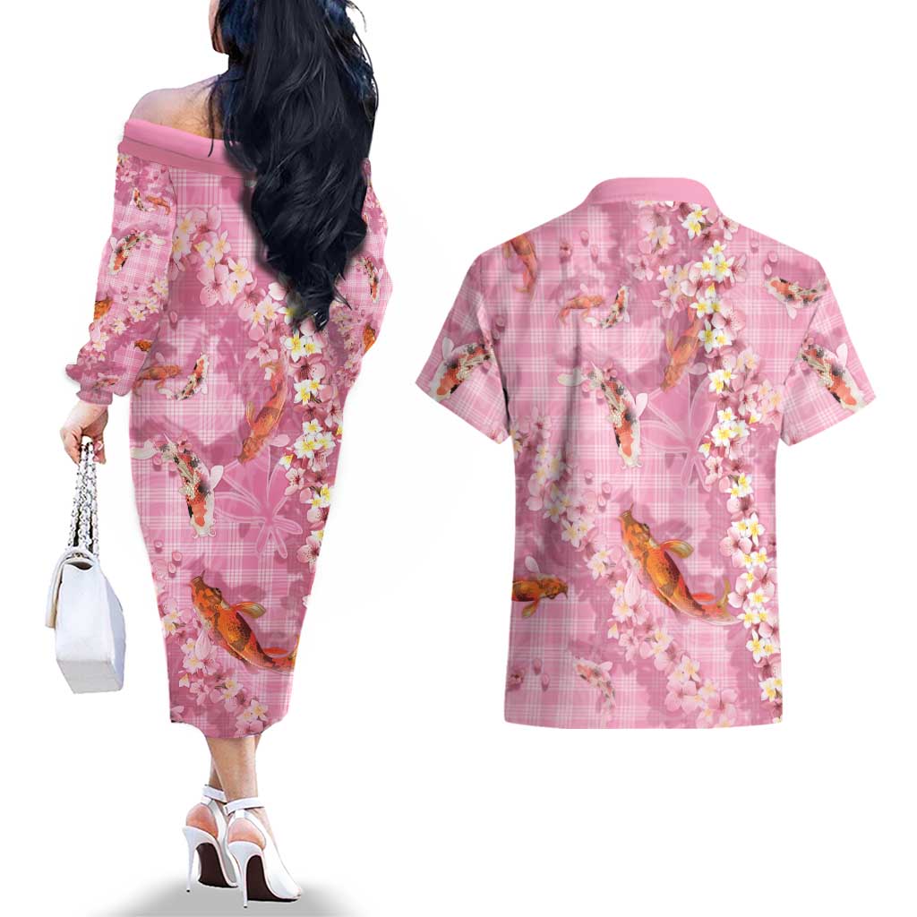 Pink Palaka Hawaiian And Japanese Couples Matching Off The Shoulder Long Sleeve Dress and Hawaiian Shirt Sakura Lei With Koi Fish DT05 - Polynesian Pride