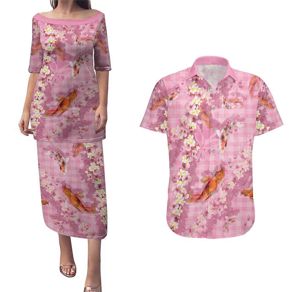 Pink Palaka Hawaiian And Japanese Couples Matching Puletasi and Hawaiian Shirt Sakura Lei With Koi Fish - Polynesian Pride