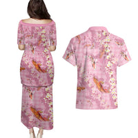 Pink Palaka Hawaiian And Japanese Couples Matching Puletasi and Hawaiian Shirt Sakura Lei With Koi Fish DT05 - Polynesian Pride