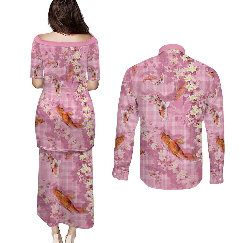 Pink Palaka Hawaiian And Japanese Couples Matching Puletasi and Long Sleeve Button Shirt Sakura Lei With Koi Fish DT05 - Polynesian Pride