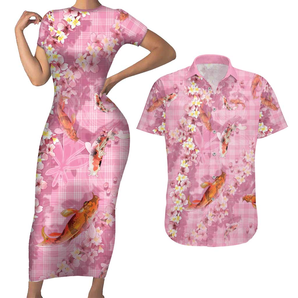 Pink Palaka Hawaiian And Japanese Couples Matching Short Sleeve Bodycon Dress and Hawaiian Shirt Sakura Lei With Koi Fish DT05 Pink - Polynesian Pride