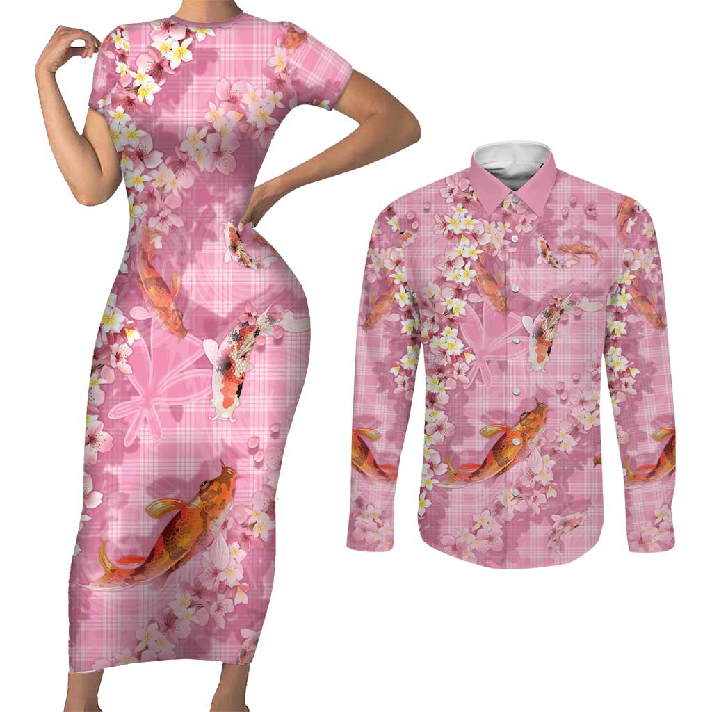 Pink Palaka Hawaiian And Japanese Couples Matching Short Sleeve Bodycon Dress and Long Sleeve Button Shirt Sakura Lei With Koi Fish DT05 Pink - Polynesian Pride